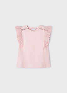 Girls Blush Pink Cotton & Crochet Lace Top - 3082