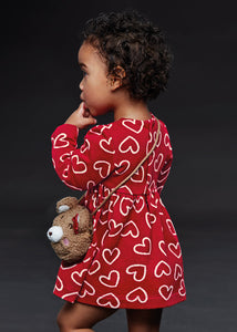 Girls Red Heart Print Dress - 2988