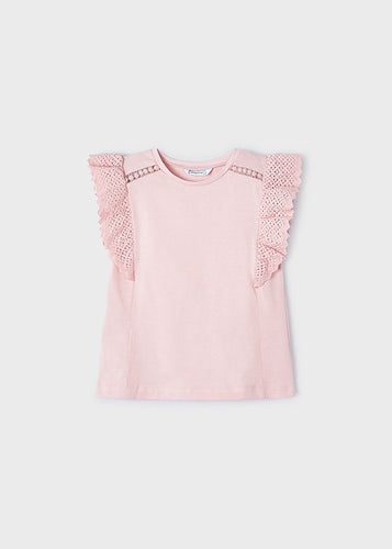 Girls Blush Pink Cotton & Crochet Lace Top - 3082