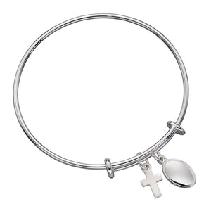 Silver Expandable Bangle with Cross & Charm
