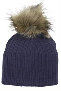 Nora - Navy Faux Fur Pom-Pom Hat